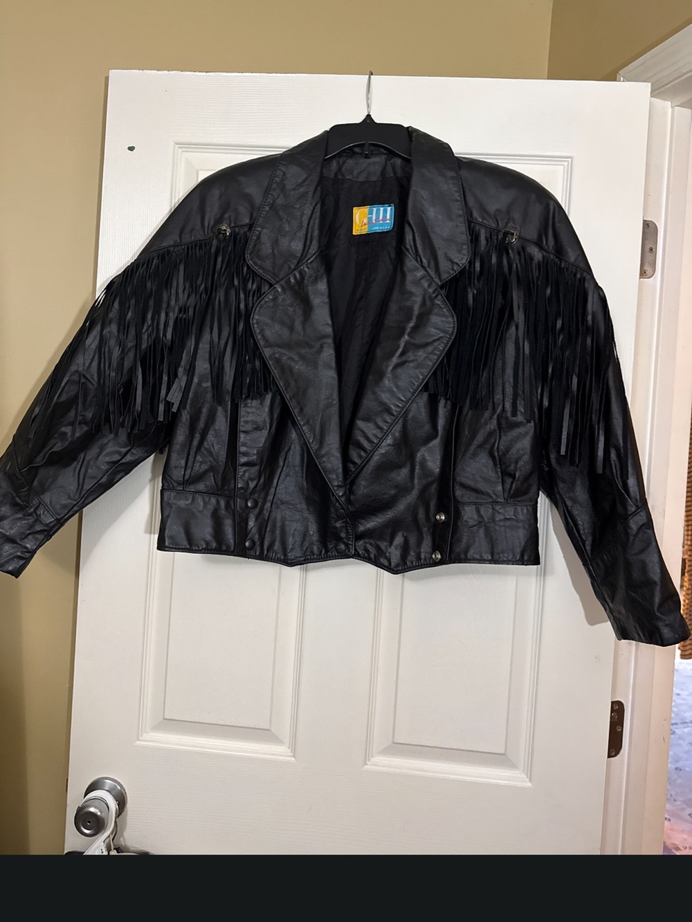 Black Fringe Leather Jacket with Wide Notch Collar